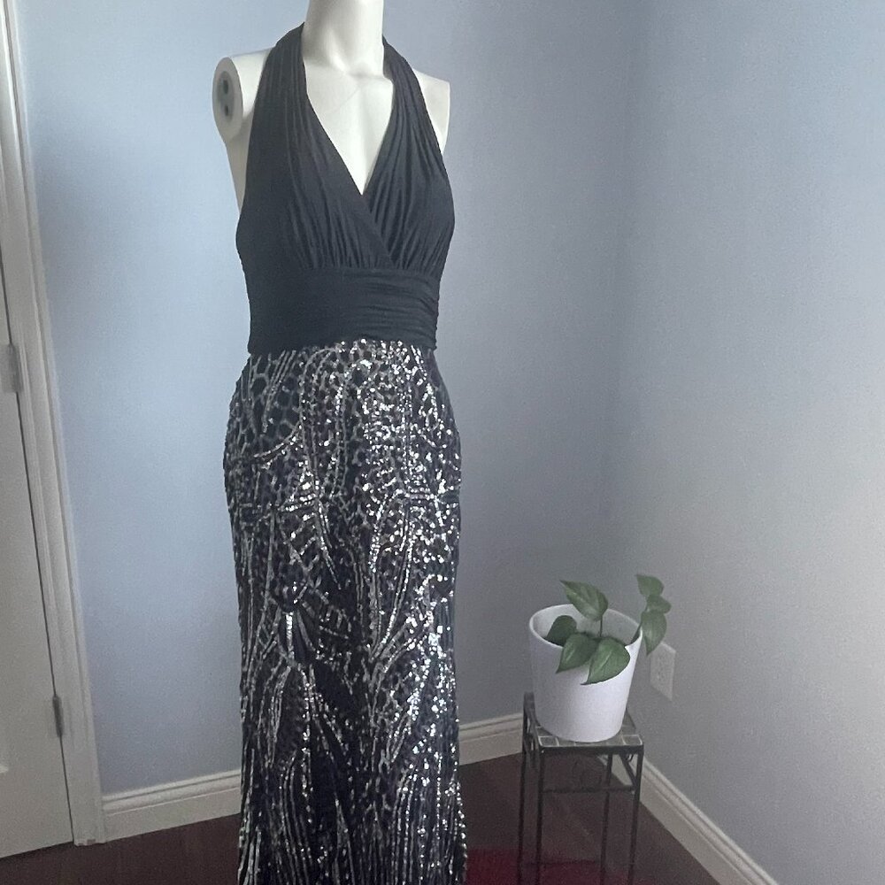 Black - Silver Sequin Gown - Halter Neck